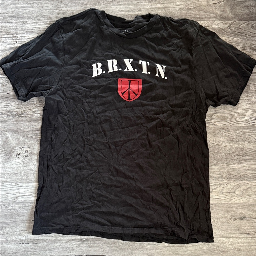Brixton Black Tee with White Logo and Red Shield